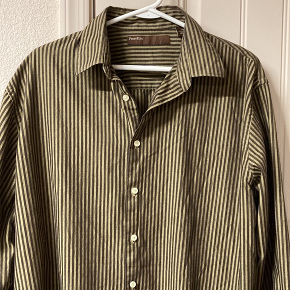 Perry Ellis Button Down Brown Striped Long Sleeves Dress Shirt Size XL - Picture 2 of 6